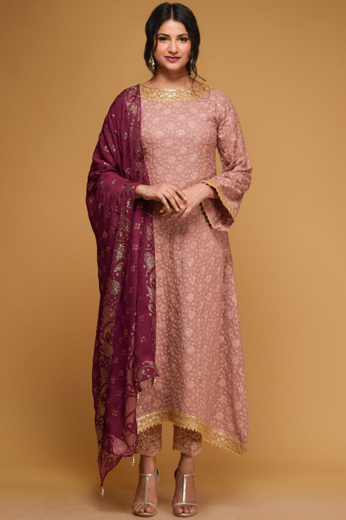 Mauve Pink Georgette Thread Work Anarkali Bridal Salwar Kameez
