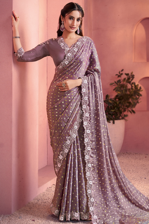 Mauve Satin Shimmer Saree With Bandhej Print Work
