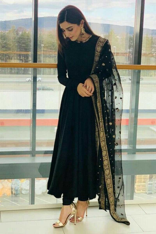 Maya Ali Black Georgette Anarkali Suit With Zari Work