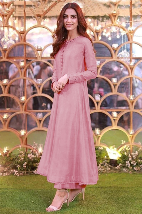 Maya Ali Silk Wedding Anarkali Suit In Pastel Pink Colour