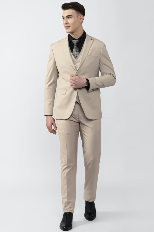 Poly Cotton Men's Beige Plain Coat Pant