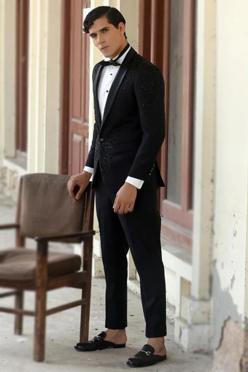 Black Cut Dana Embroidered Silk Men's Coat Pant