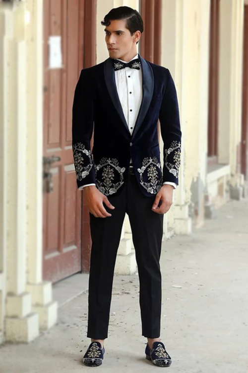 Navy Blue Embroidered Velvet Men's Coat Pant