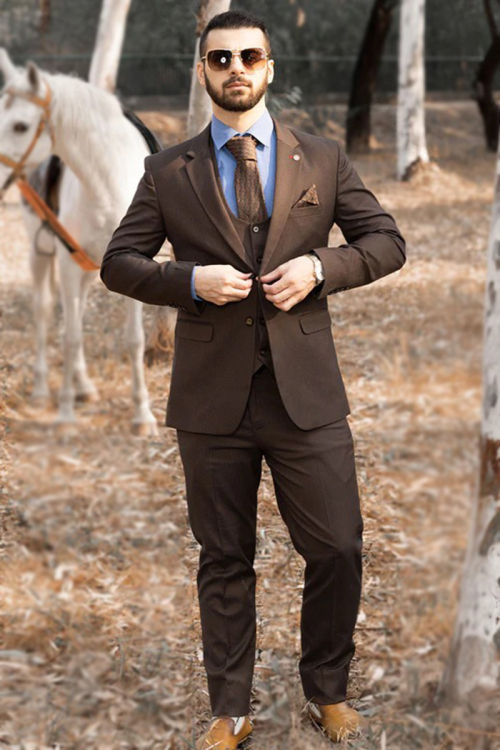 Dazzling Plain Tweed Men's Dark Brown Coat Pant