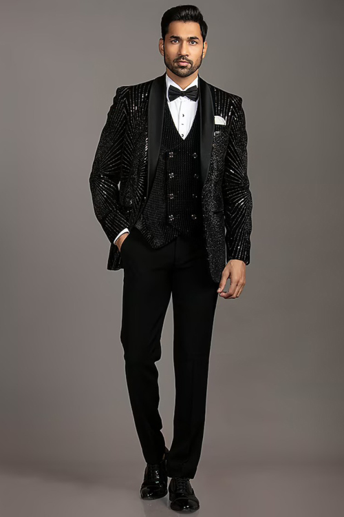 Velvet Black Cut Dana Embroidered Men's Coat Pant