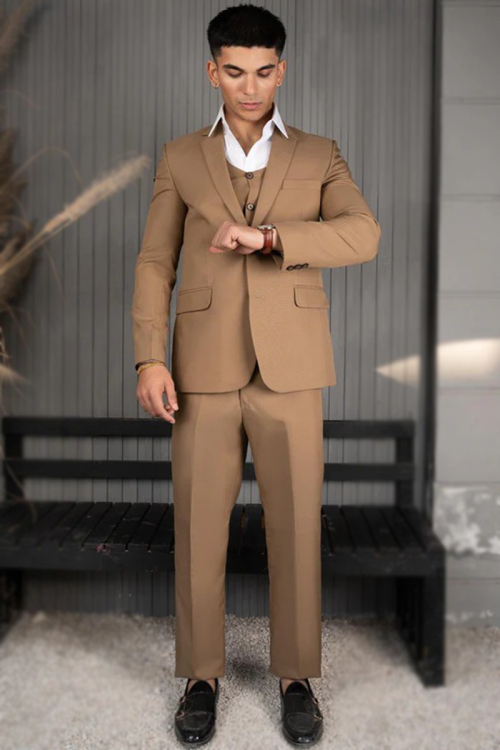 Dazzling Plain Tweed Men's Dark Beige Coat Pant