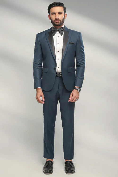 Plain Teal Blue Silk Men's Coat Pant