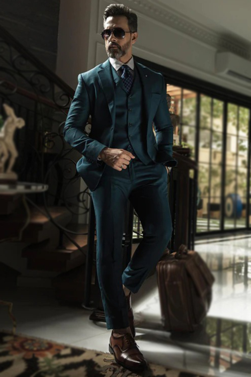 Teal Blue Cotton Silk Men's Plain Coat Pant