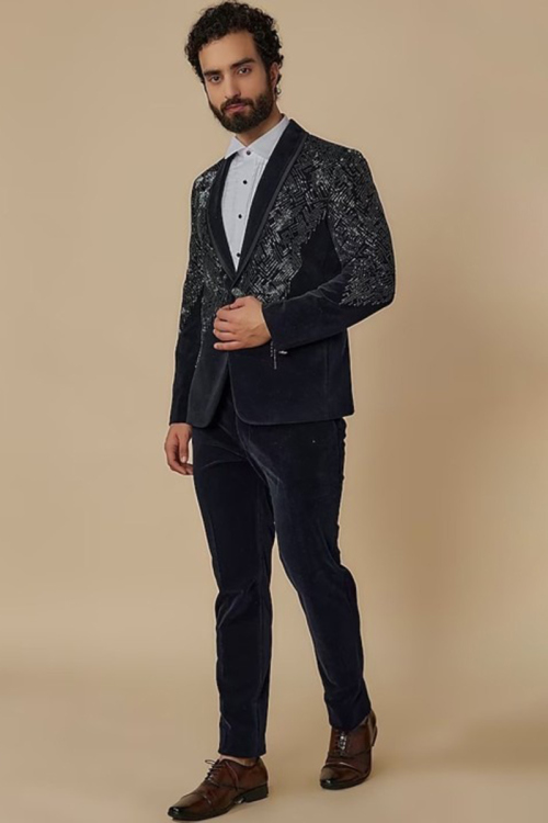 Navy Blue Cut Dana Embroidered Velvet Men's Coat Pant
