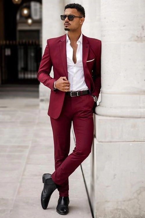 Plain Cherry Red Men's Cotton Silk Coat Pant