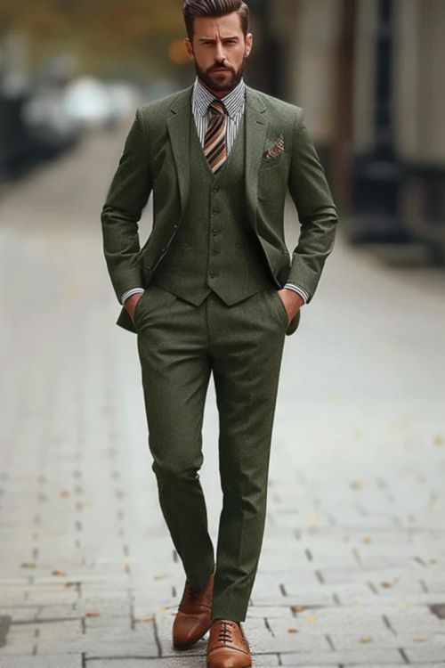 Dazzling Plain Tweed Men's Army Green Coat Pant