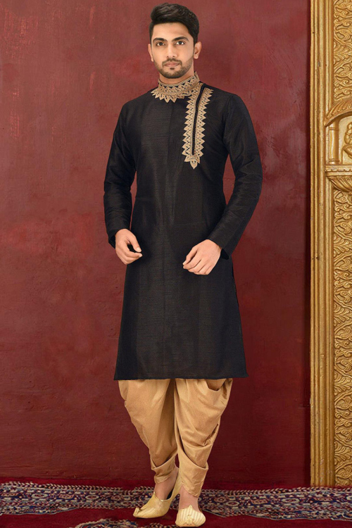 Men Black And Beige Self Design Kurta With Dhoti