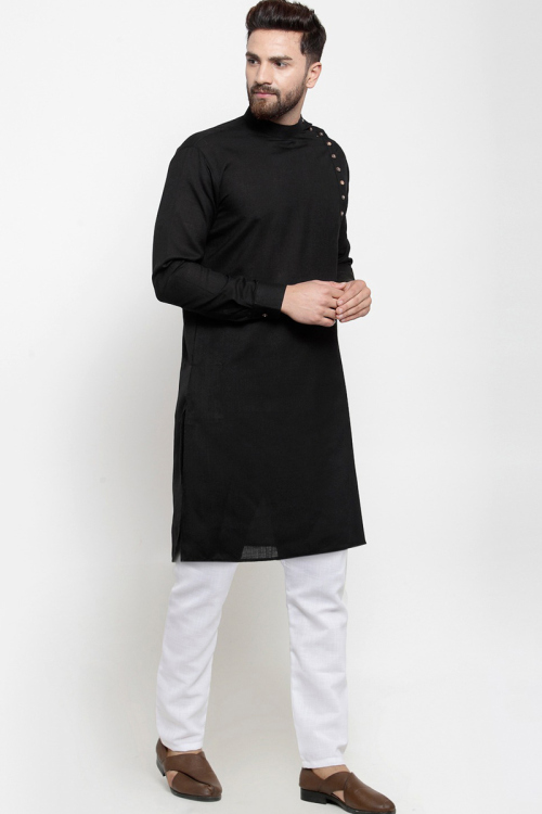 Men Black Plain Kurta With White Pajama