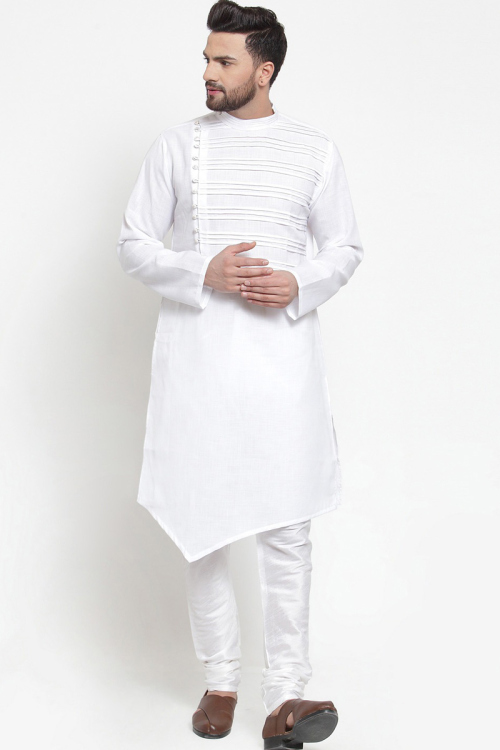 Men Plain Kurta Pajama In White Color