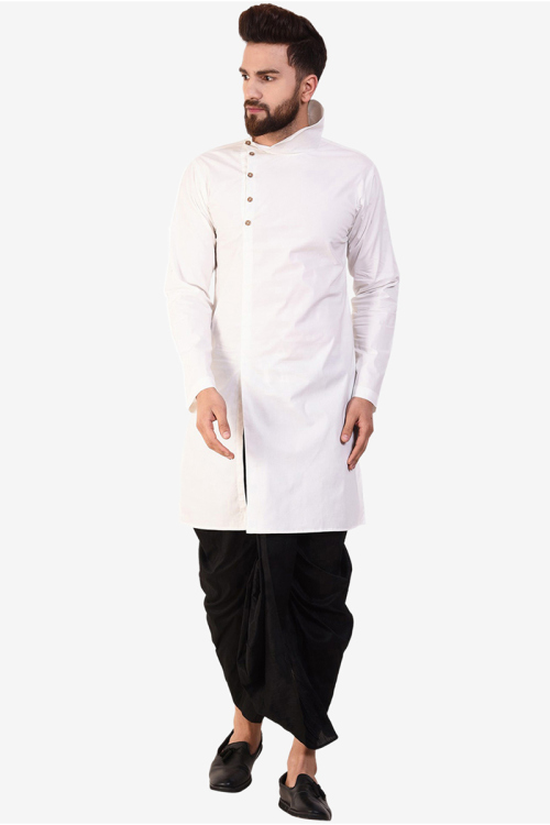 Men Plain White Kurta With Black Dhoti