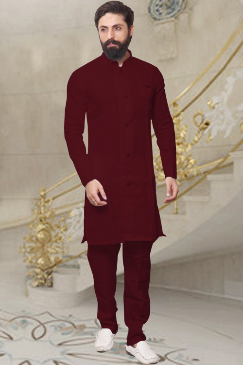 Men Readymade Maroon Self Design Kurta With Pajama for Wedding & Party
