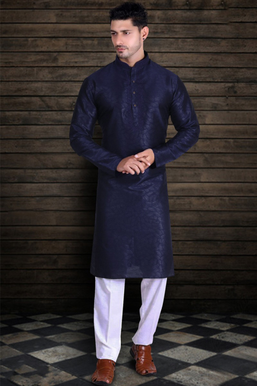 Mens Wedding Navy Blue Kurta With White Pajama