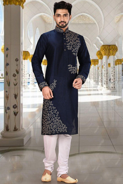 Mens Wedding Special Ready to Wear Navy Blue Kurta With White Pajama