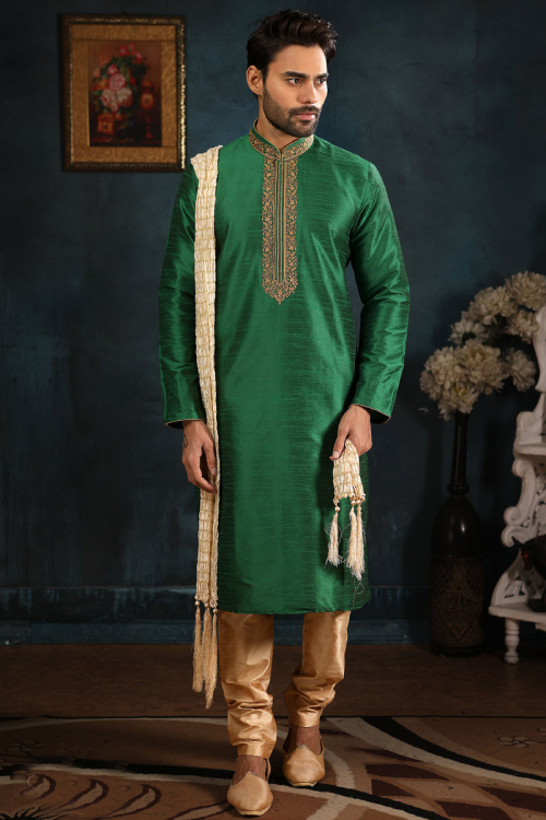 Mens Ethnic Green Kurta with Gold Churidar for Wedding & Party