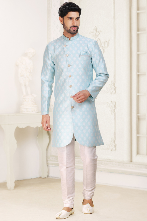 Men's Powder Blue Woven Zari Traditional Sherwani