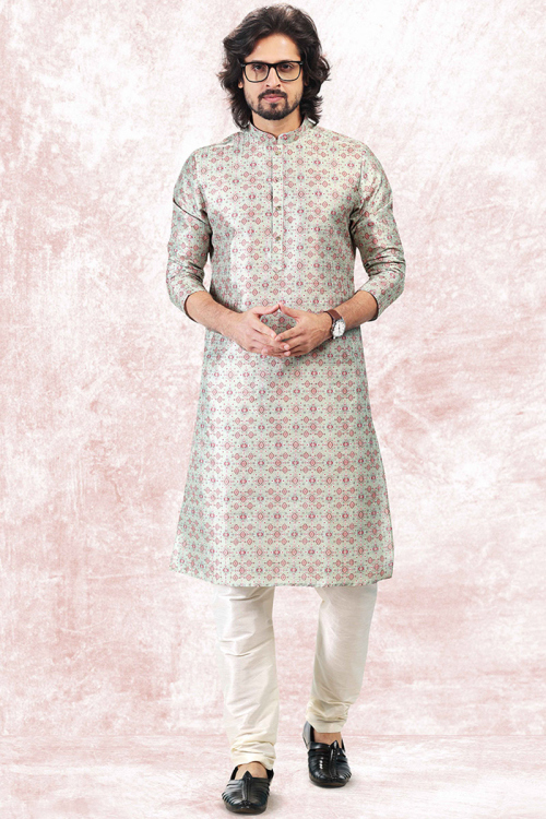 Men's Printed Kurta Churidar in Greenish Grey Color 