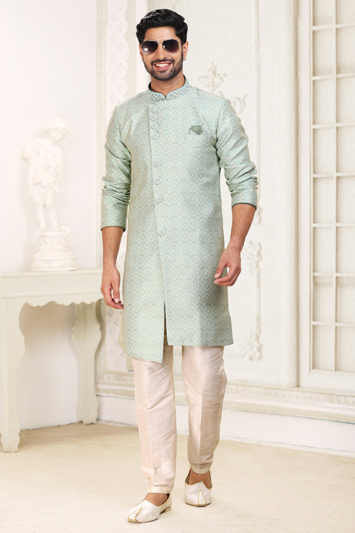 Men's Thread Embroidered Jacquard Sherwani in Mint Blue
