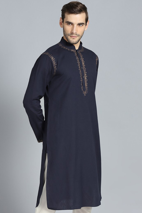 Midnight Blue Cotton Kurta With Zari Work