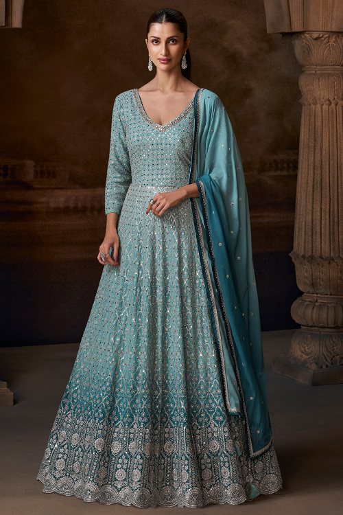 Mint Blue Chinnon Anarkali Suit With Zari Work