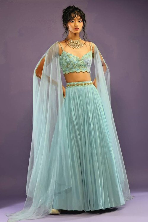 Mint Blue Georgette Embroidered Flared Style Lehenga