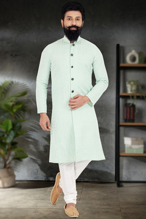 Mint Blue Georgette Embroidered Men Sherwani