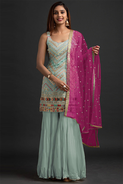 Mint Blue Georgette Embroidered Straight Cut Suit for Wedding & Party