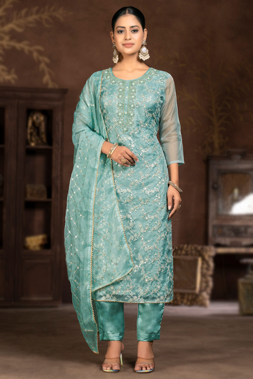 Mint Blue Organza Embroidered Straight Cut Trouser Suit