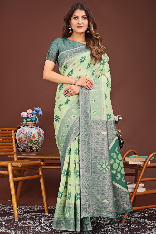Mint Green Cotton Weaved Saree For Festival