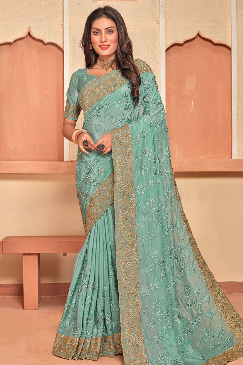 Mint Green Crepe Silk Resham Embroidered Saree 