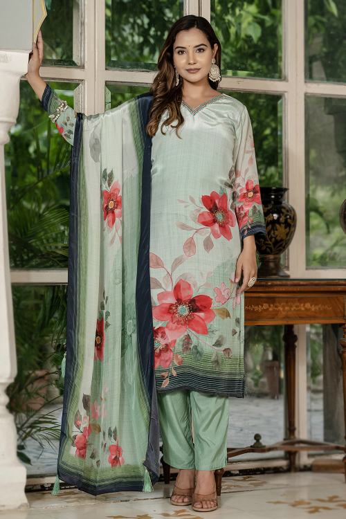 Mint Green Crepe Trouser Suit With Printed Work For Festival
