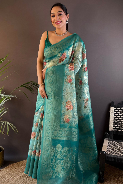 Mint Green Organza Printed Broad Border Saree 