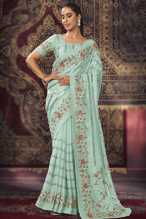 Mint Green Sequins Embroidered Georgette Light Weight Saree