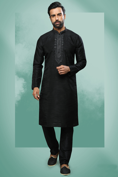 Mirror Embroidered Art Silk Black Men Kurta Churidar