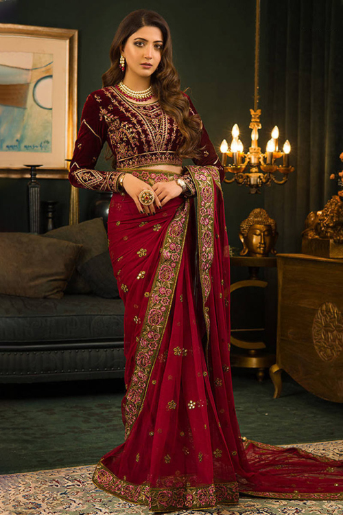 Mirror Work Embroidered Georgette Burgundy Maroon Saree