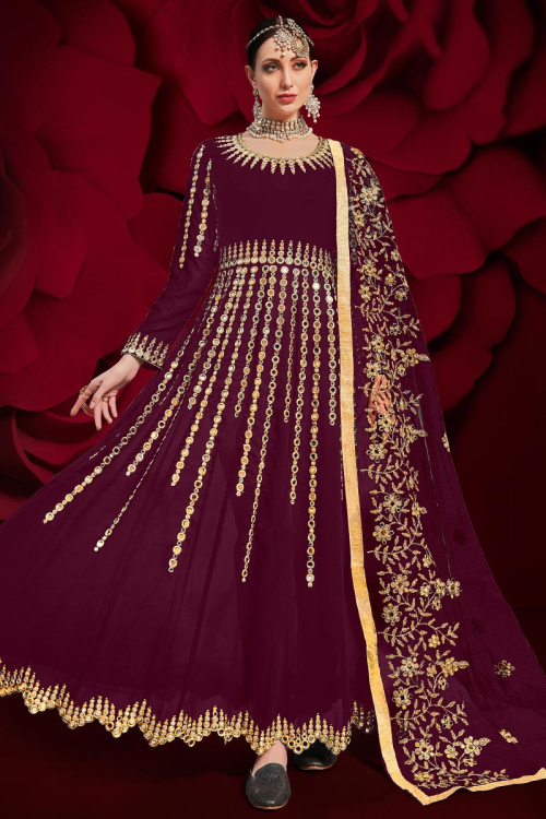 Wine Maroon Wedding Wear Floor Length Salwar Suit in Georgette
