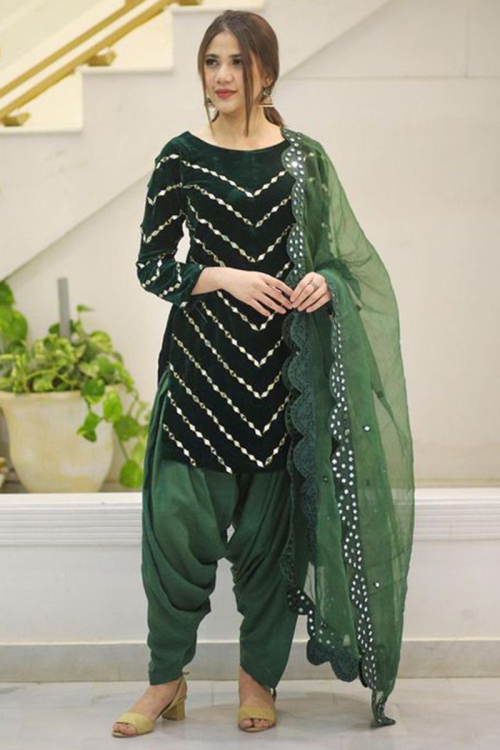 Mirror Work Embroidered Velvet Dark Green Wedding Pakistani Patiala Suit