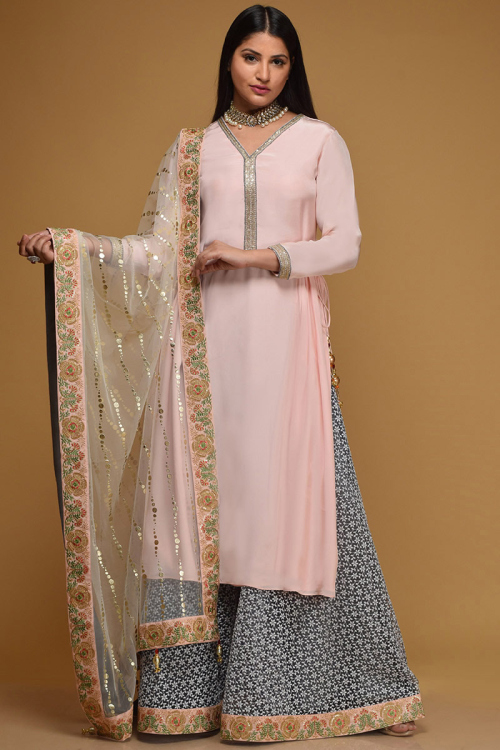 Modest Wear Pale Pink Crepe Designer Sharara Salwar Suit for Wedding