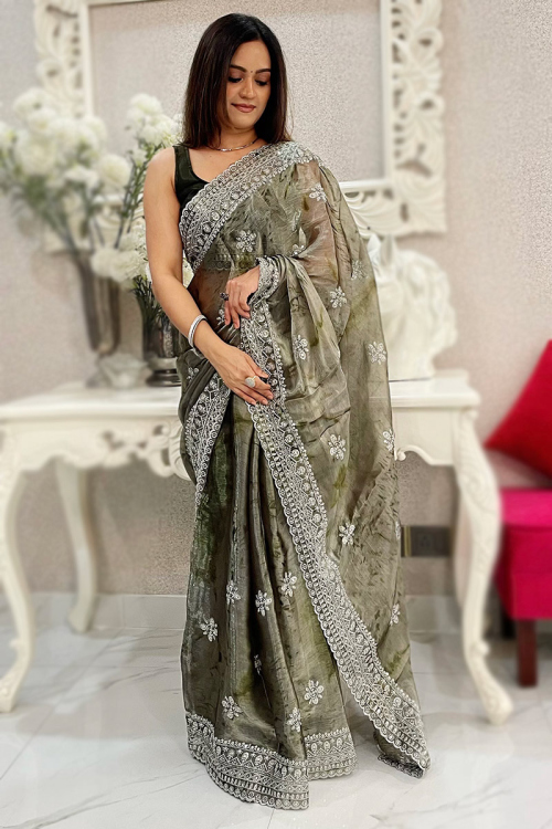 Moss Green Printed Tissue Lightweight Saree For Mehndi 