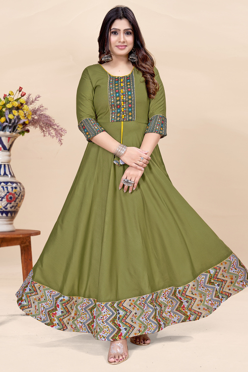Moss Green Rayon Printed Anarkali Style Kurti 