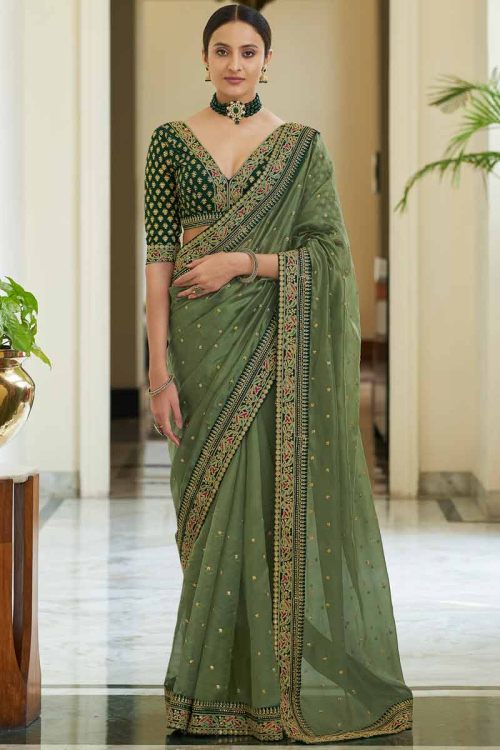 Moss Green Organza Embroidered Saree