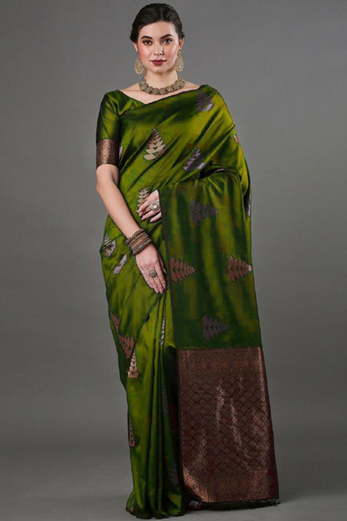 Moss Green Soft Silk Woven Zari Broad Border Saree