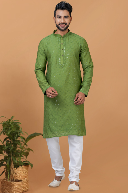 Moss Green Viscose Embroidered Straight Cut Men's Kurta Churidar