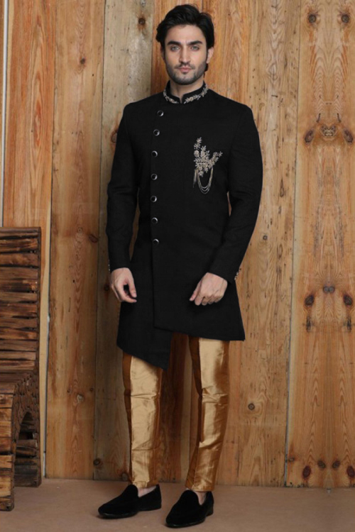 Angrakha Style Sherwani In Black Colour