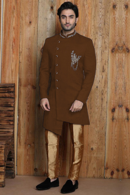 Angrakha Style Sherwani In Brown Colour