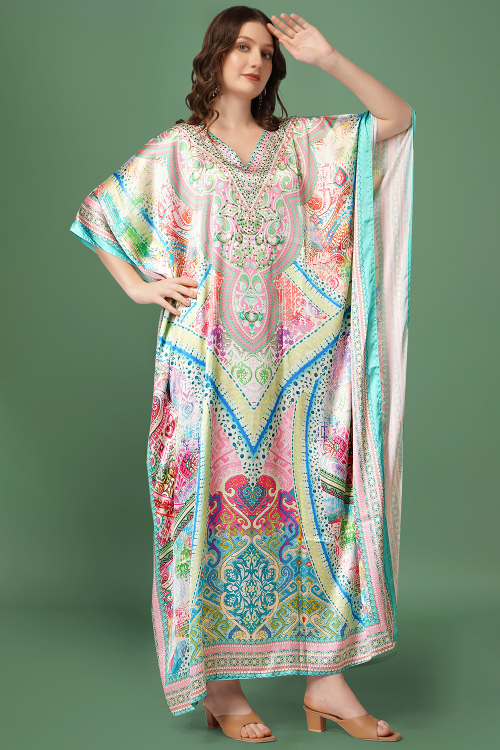 Multi Color Satin Printed Casual Wear Kaftan Kurti 